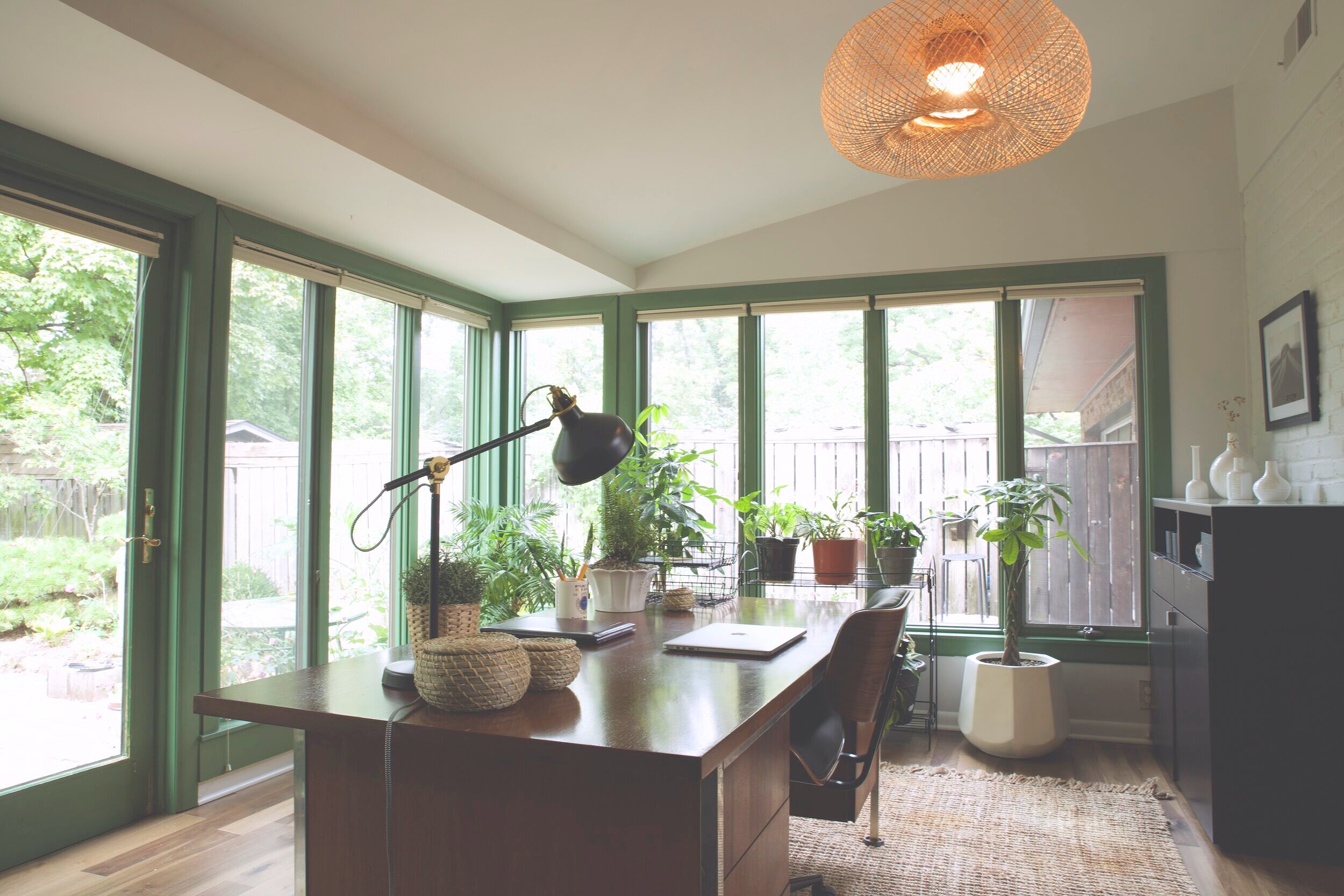Home office with large windows
