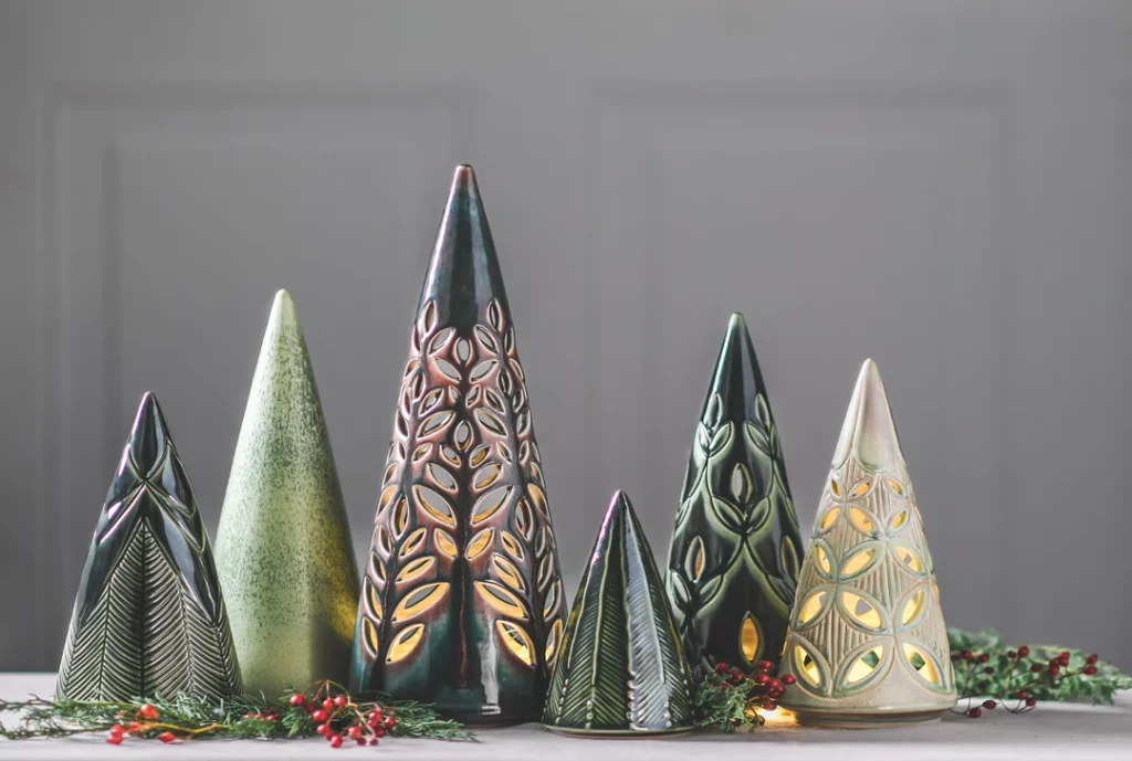Twinkling ceramic Christmas trees by Rookwood Tile in Cincinnati, Ohio.