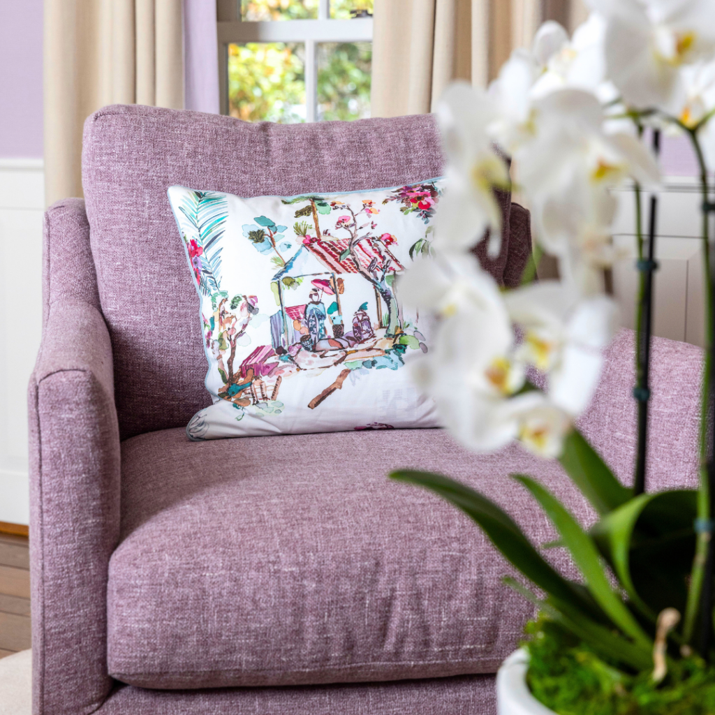 Lavender furniture and throw pillow for Jackie Barnes Design project in Cincinnati.