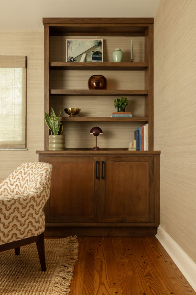 warm wood bookshelf